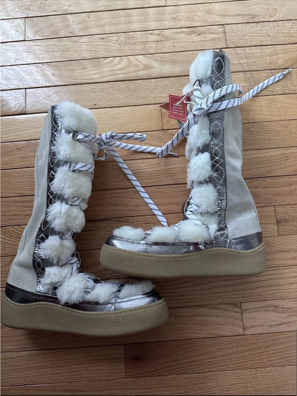 Free People Wilder Mukluk Tall Boots Faux Fur Lined Silver Leather Lace Up 9 NWT